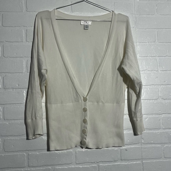 LOFT Sweaters - LOFT Womens Cardigan 100% Cotton White V-Neck Button Front 3/4 Sleeve Medium